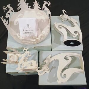 PartyLite Winter Reindeer Candle Holder Set White Glitter 5 Piece Holiday Decor